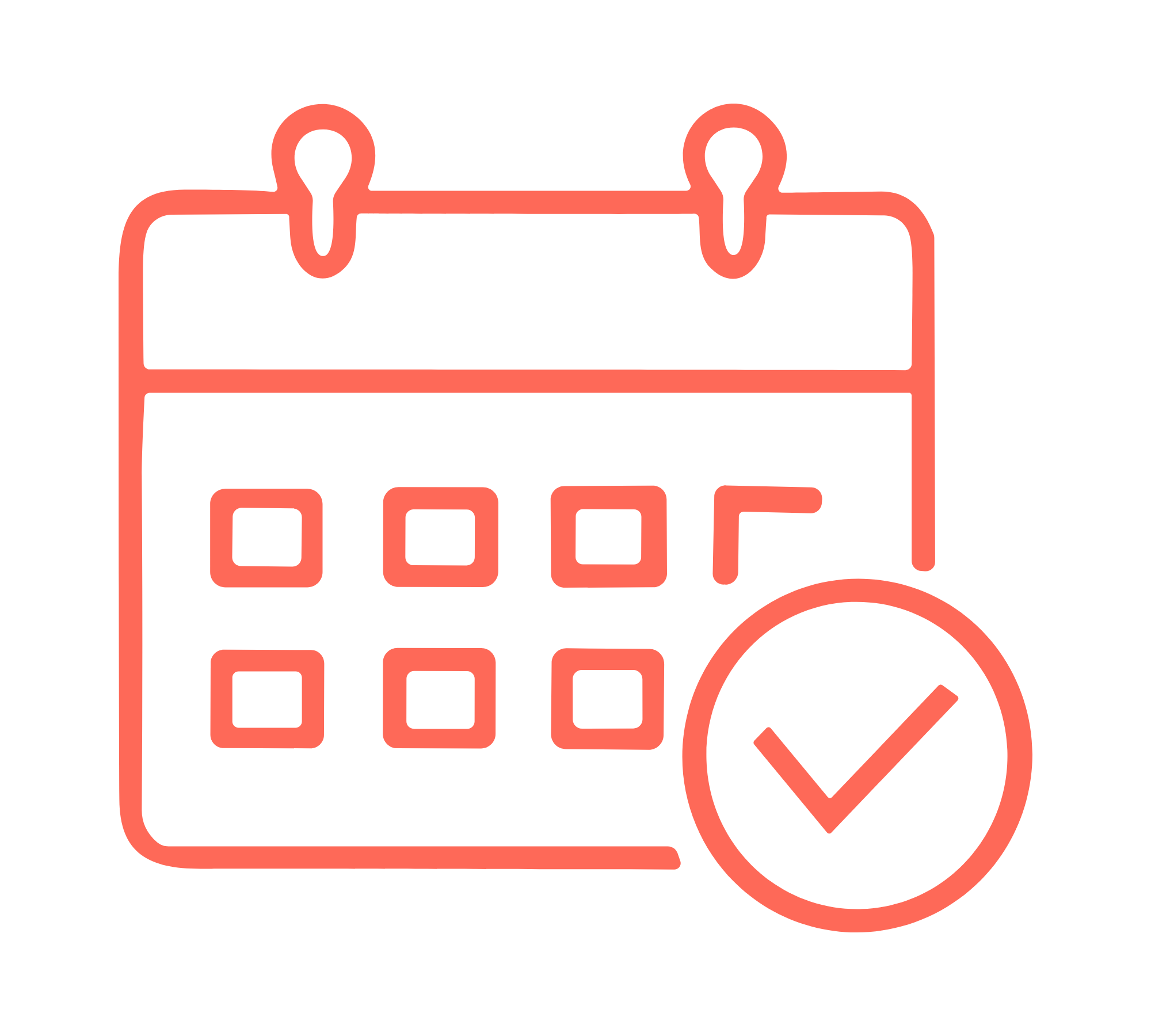 Outline of a calendar with a checkmark in a circle next to it.