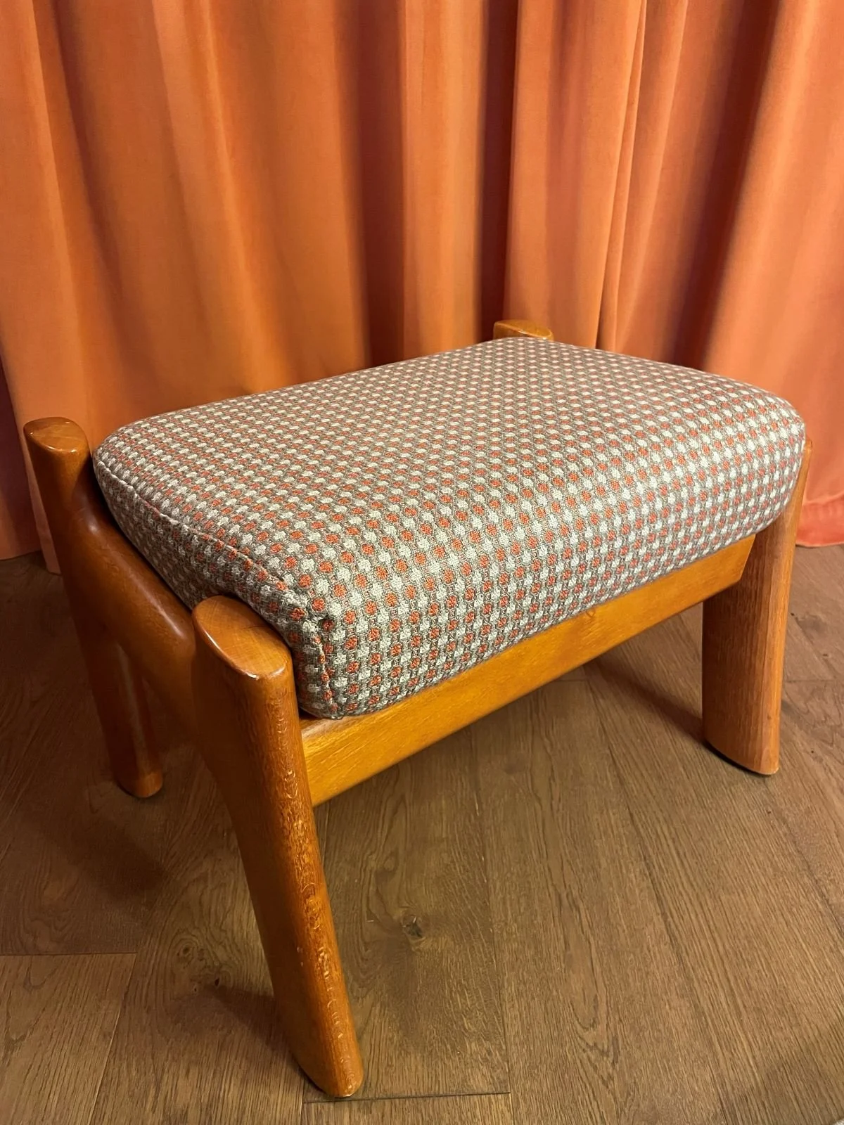 Vintage Scandinavian ottoman with checked fabric 