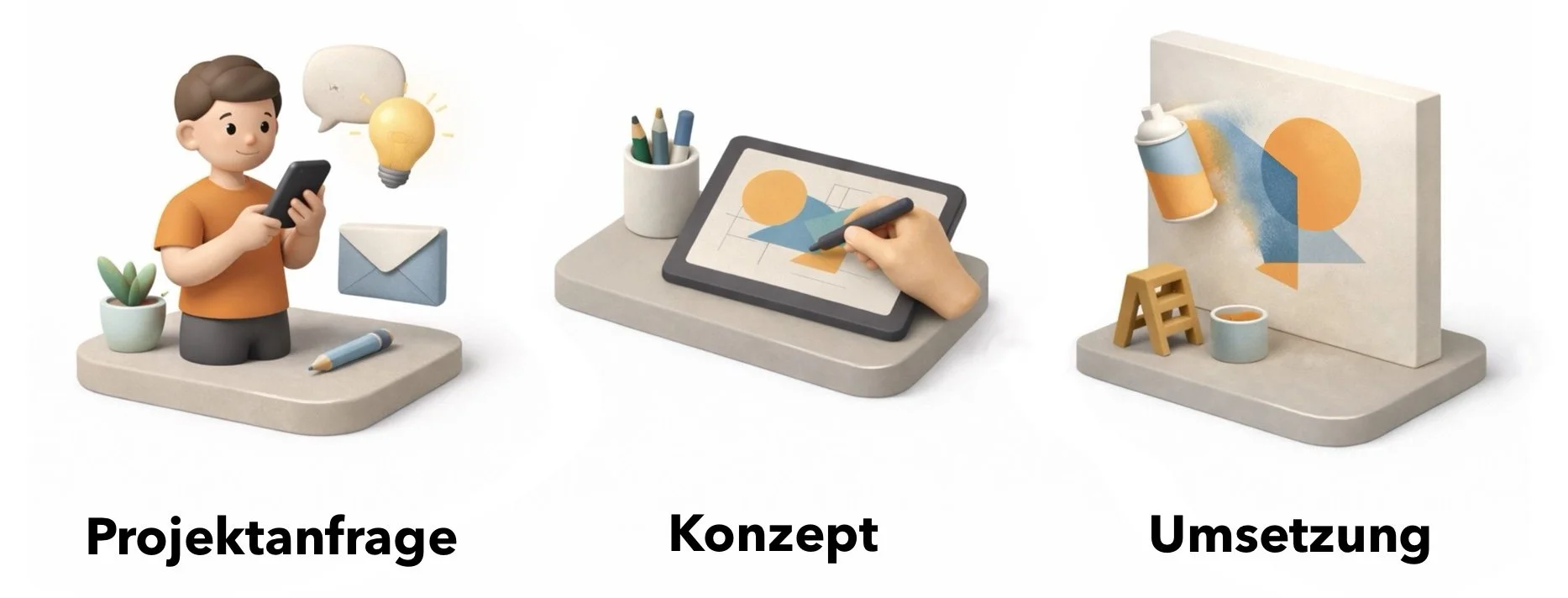 Drei kreative Figuren, die den Prozess der Projektentwicklung zeigen: Links ein Junge mit Smartphone, der eine Projektanfrage stellt, in der Mitte ein Tablet mit Skizzen und Zeichenwerkzeugen für das Konzept, rechts ein Kunstwerk mit Farb- und Malutensilien, das die Umsetzung darstellt.