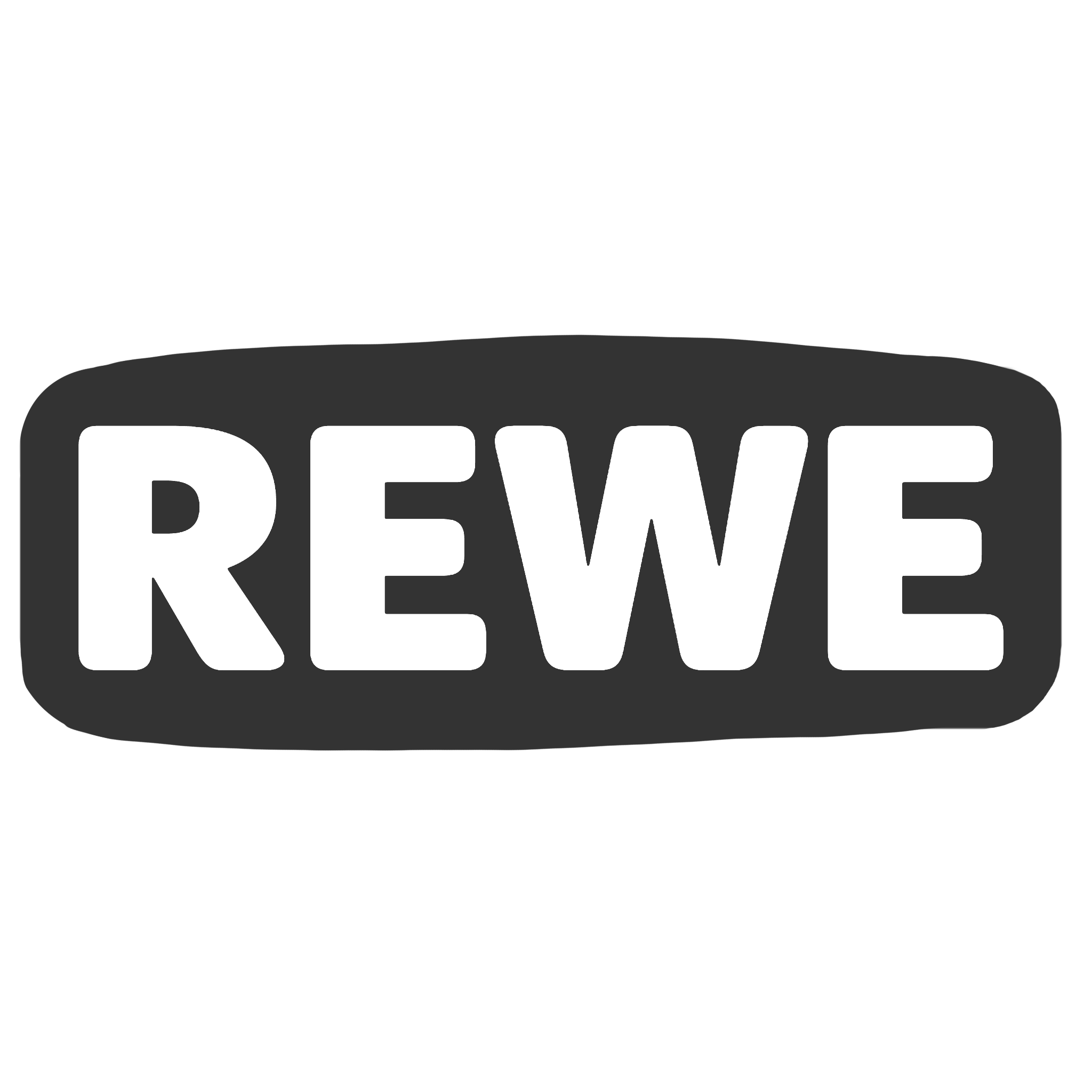 Schwarzes Logo mit der weißen Aufschrift 'REWE' in der Mitte, umrahmt von einem schwarzen Rändern.