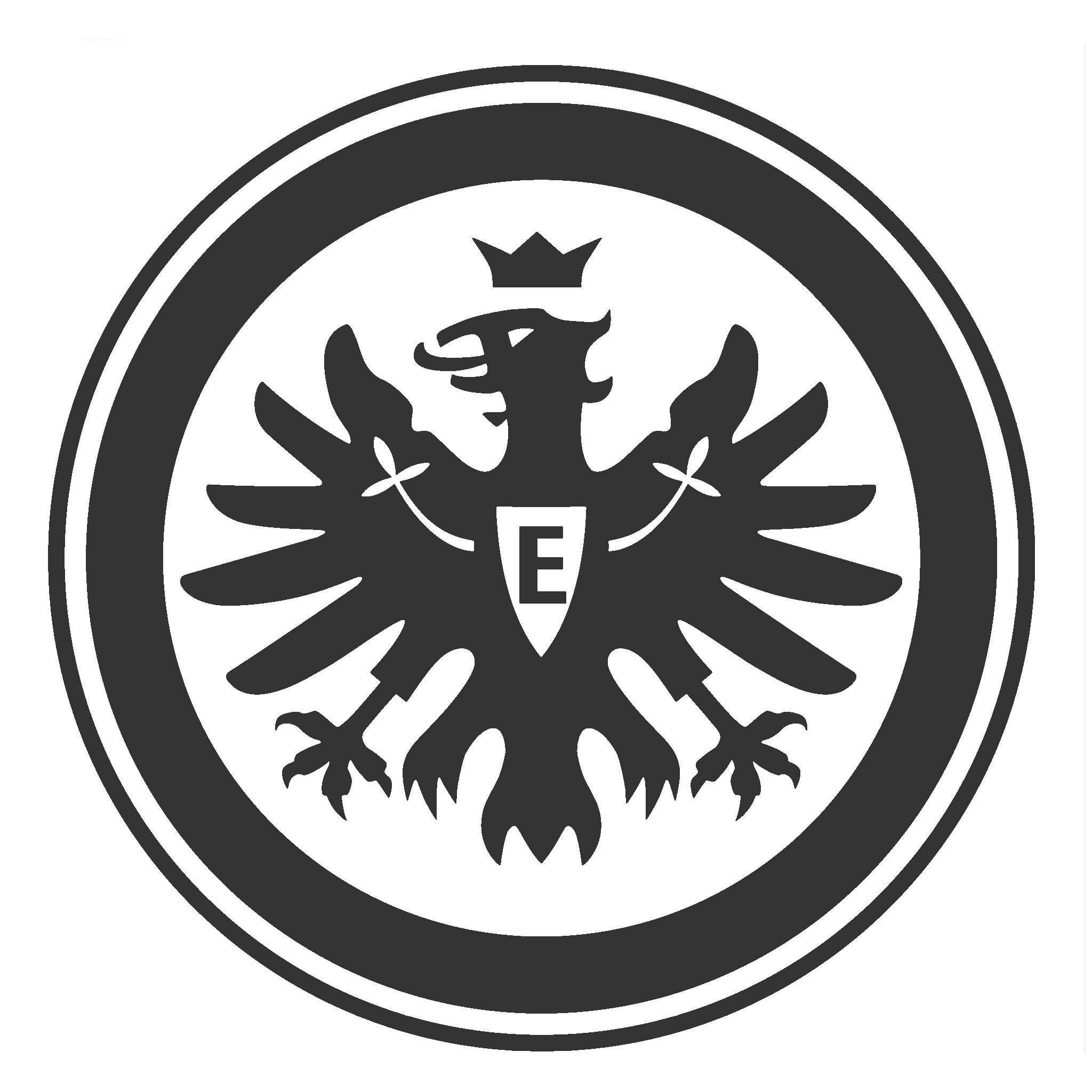 Schwarz-weiße Illustration eines Wappens mit einem Adler, der eine Krone trägt und das Buchstaben E hält.