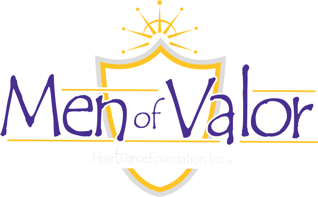 The logo of Men of Valor Heart Dance Foundation Inc. features purple text with a shield outline and a golden sunburst above it, on a black background.