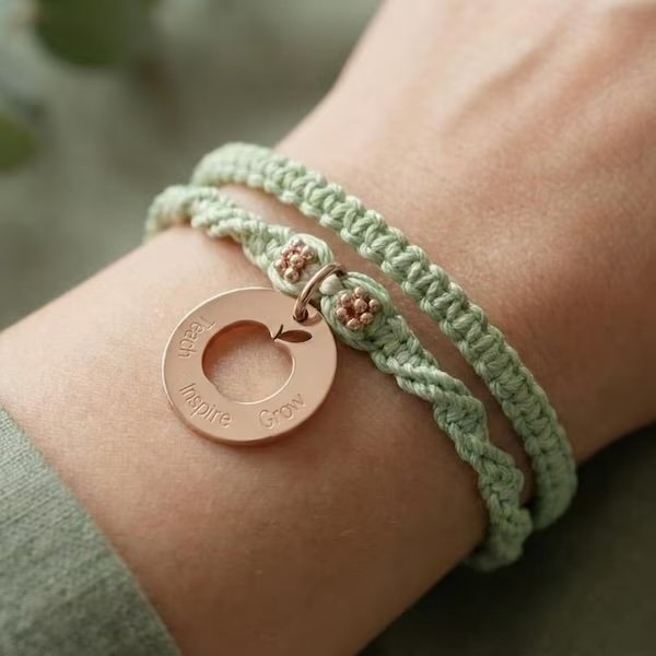 sage green double-strand macramé bracelet on a wrist featuring a rose gold 'teach inspire grow' heart charm.