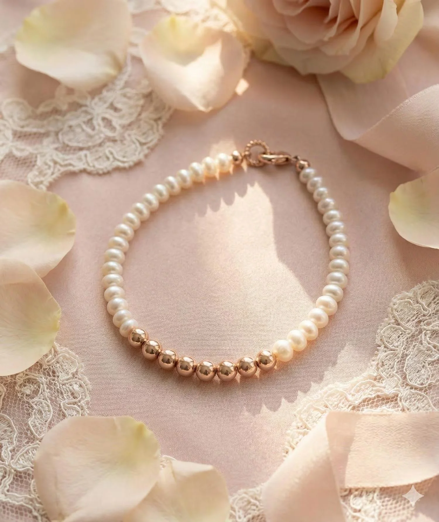 a dainty, minimalist pearl bracelet showing the soft glow of freshwater pearls paired with warm rose gold accents.