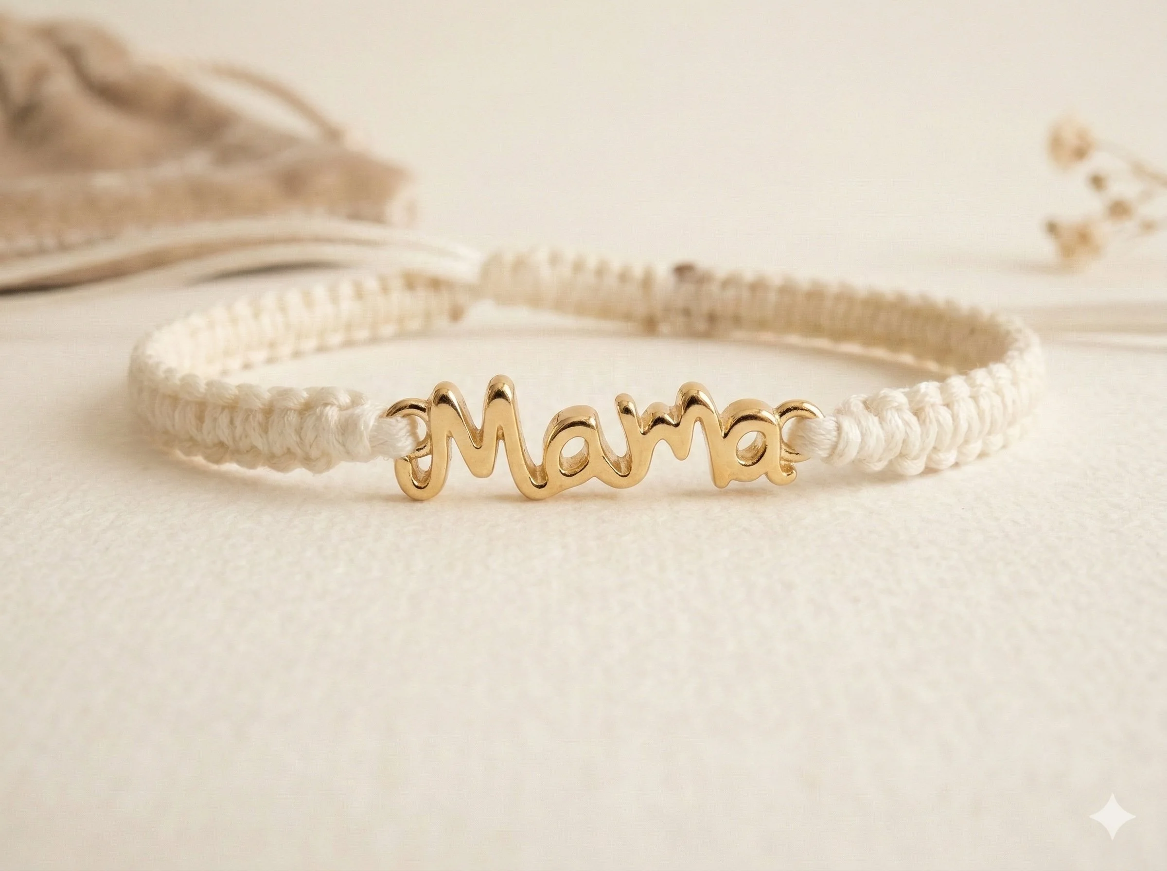 Cream and gold macrame "MAMA" letter bead bracelet with adjustable woven cord.