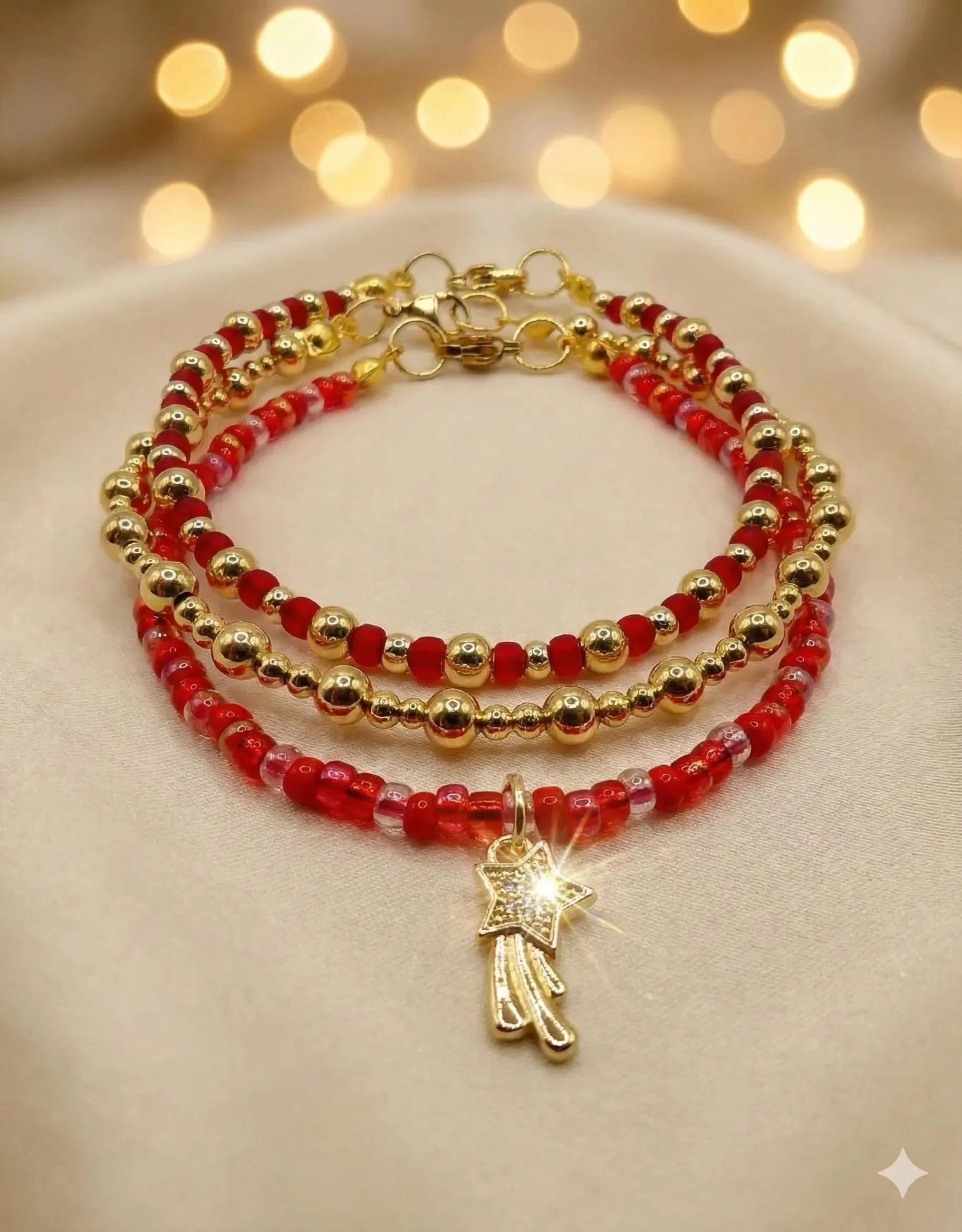 the festive starlight set | 18k gold plated beads + red glass | pave cz shooting star | 3‑piece stack