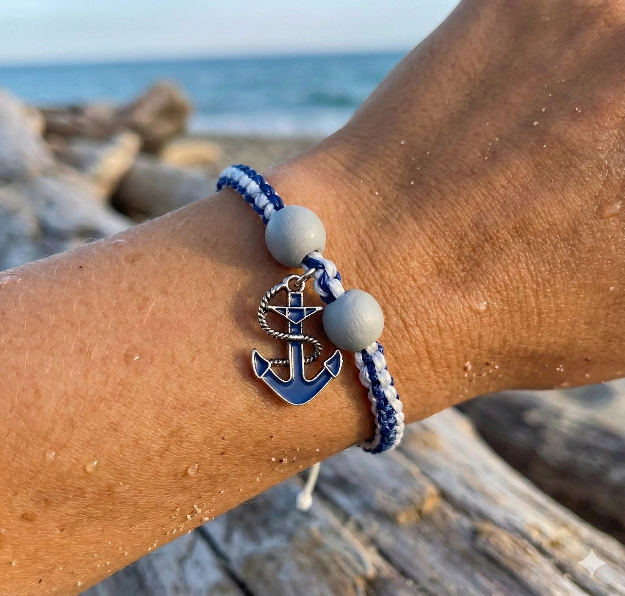 the coastal adventurer bracelet | gray + blue macramé | blue anchor charm + wood beads | adjustable