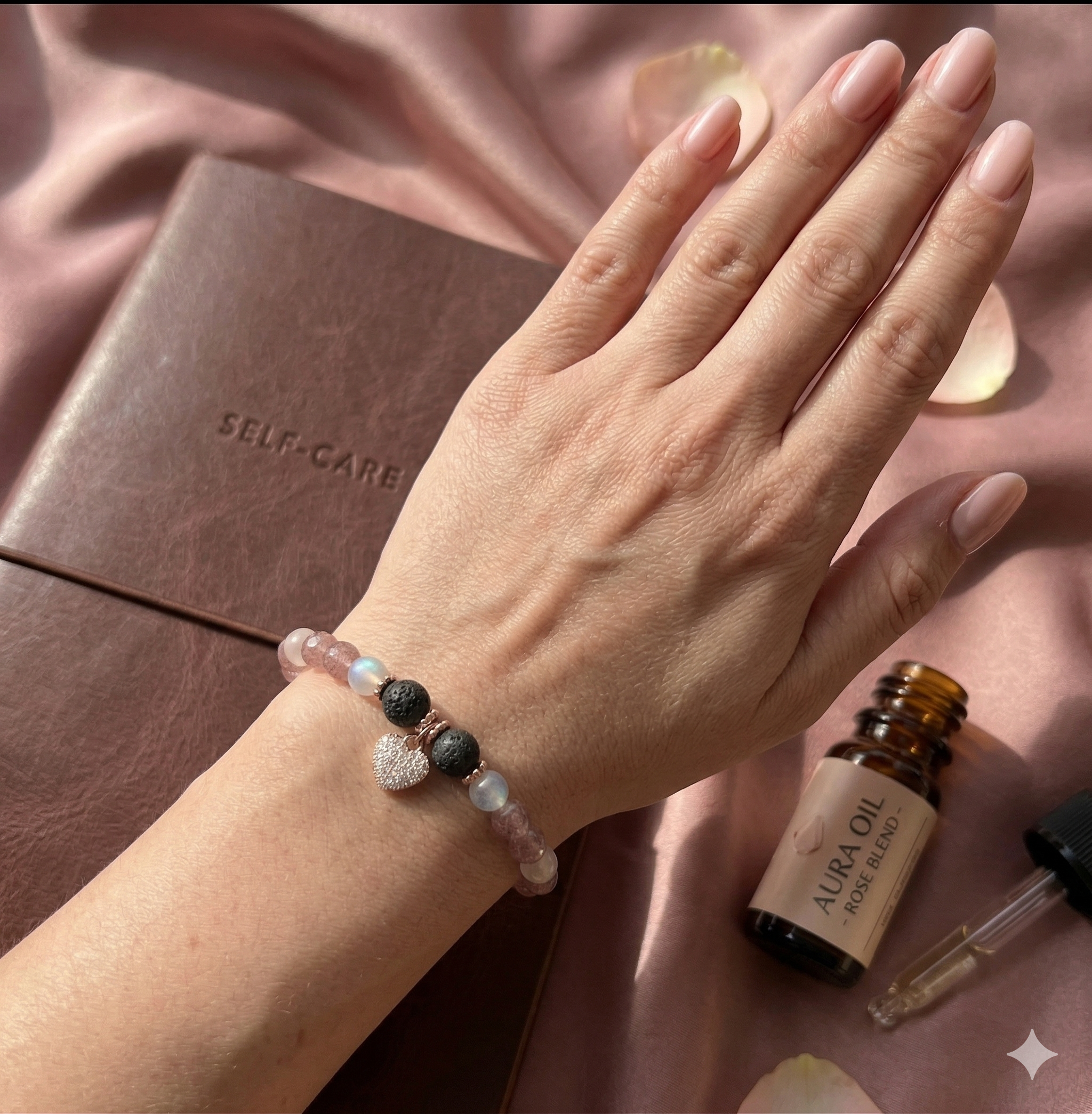 the dreamy romantic bracelet | rose gold pavé heart + strawberry quartz | lava rock diffuser
