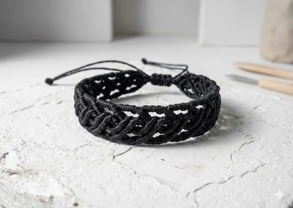 close-up of the scrollwork artisan bracelet highlighting the rhythmic curves and the high-tension precision of the knots.