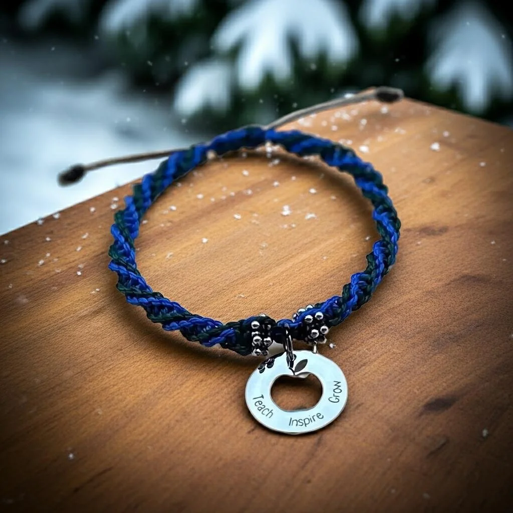 handcrafted macramé jewelry with a "teach inspire grow" charm, available in a variety of custom cord colors for educators.