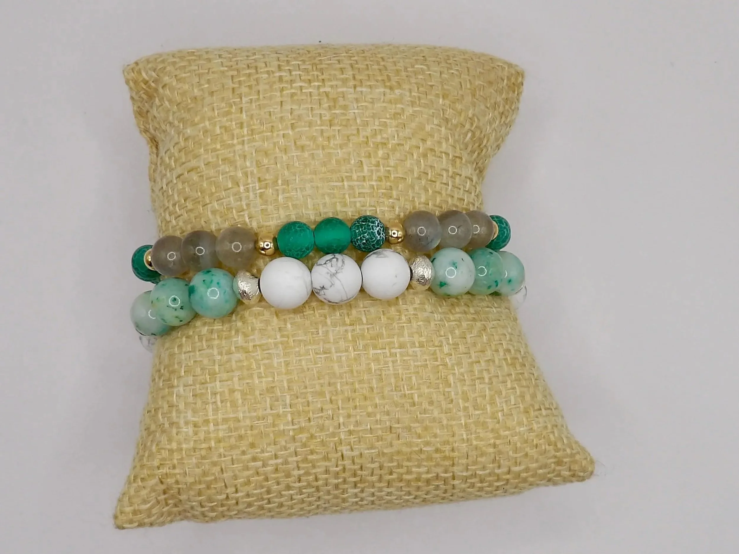 a premium 18k gold filled stretch bracelet designed for daily wear, featuring a signature "earthy mystic" color palette.