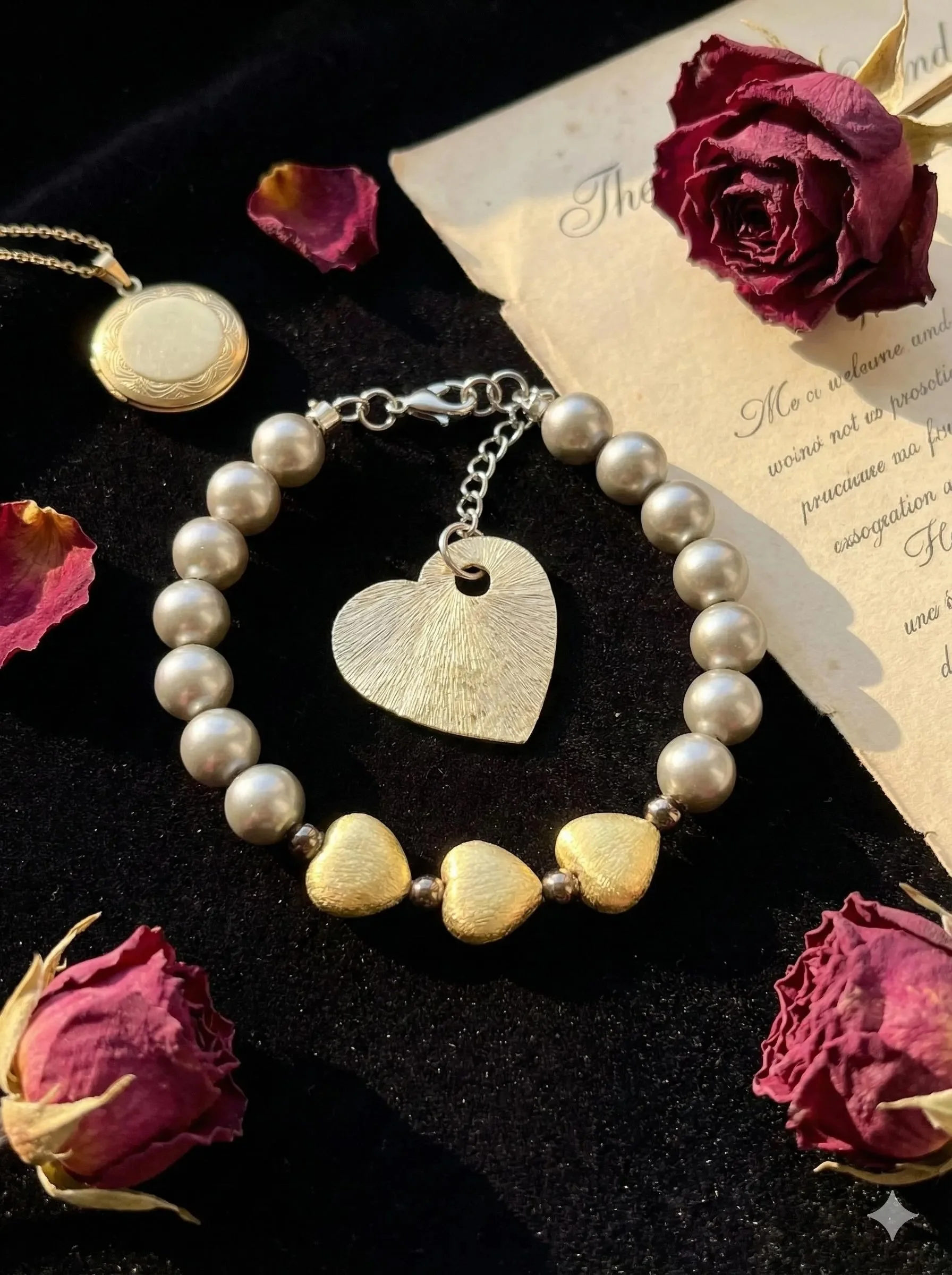 the dark romantic bracelet featuring iridescent gunmetal mother of pearl beads, hematite accents, and brushed gold hearts.