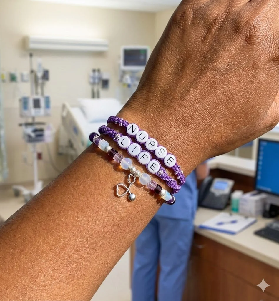 woman wearing the handmade nurse life bracelet set with purple macrame, gemstones, and a sterling silver stethoscope charm. the perfect nurse appreciation gift.