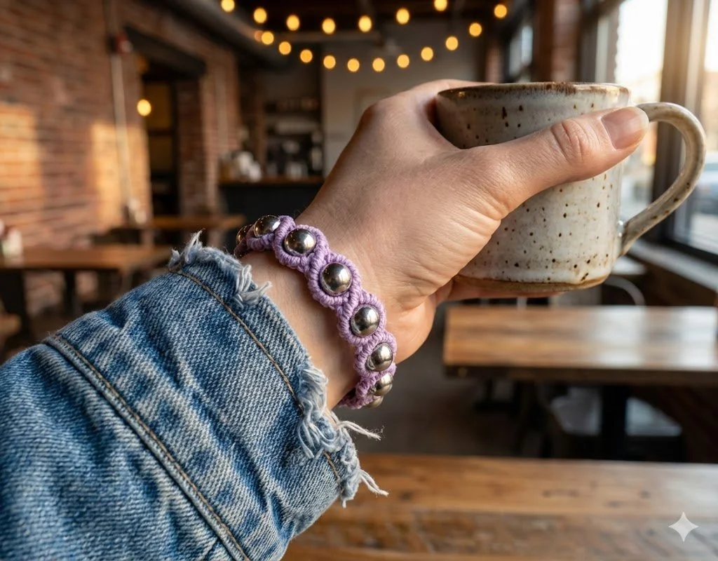 Close-up lifestyle view of a person wearing the handmade weighted macrame bracelet with stainless steel beads, styled with a denim jacket in an urban setting.