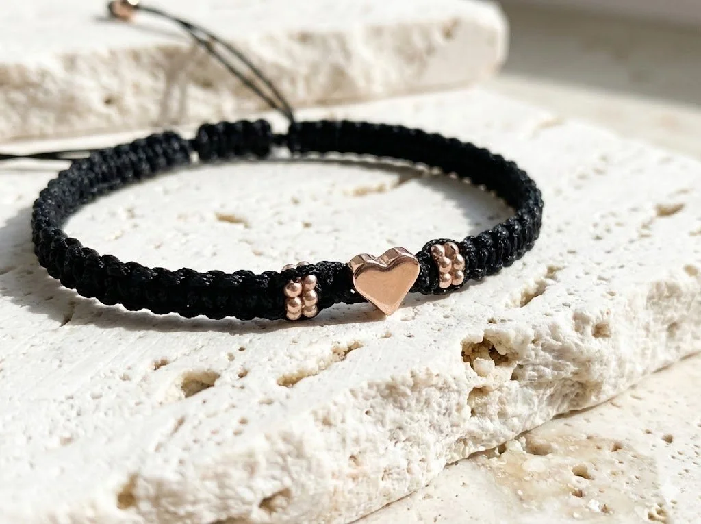 the chic minimalist bracelet | rose gold heart + black macramé | adjustable sliding knot