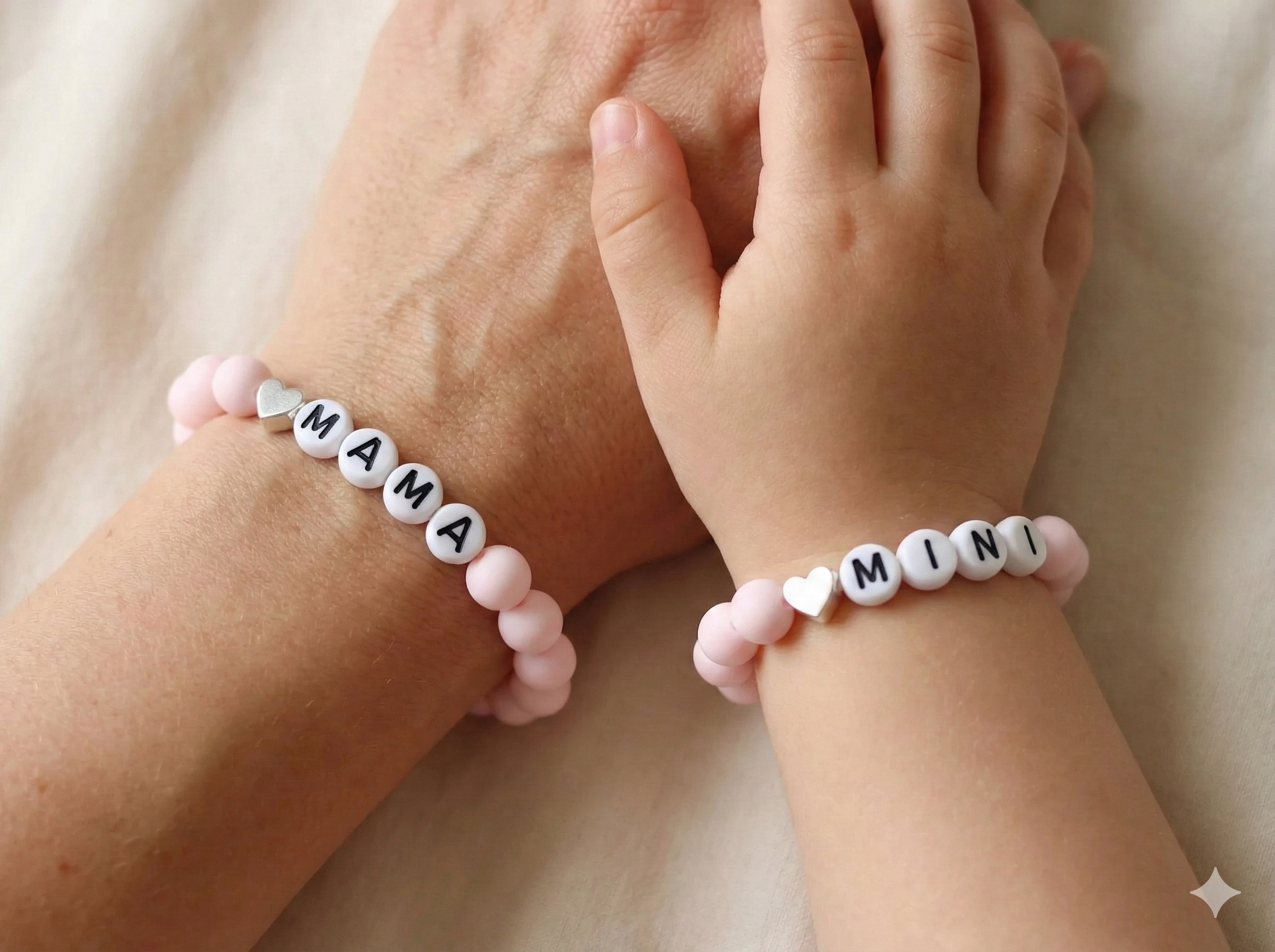 the matching hearts set | powder pink beads + .925 sterling silver hearts | mama & mini