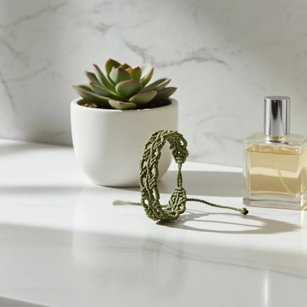 the botanical weave bracelet styled for a "modern folk" look, emphasizing its versatile, low-profile design.
