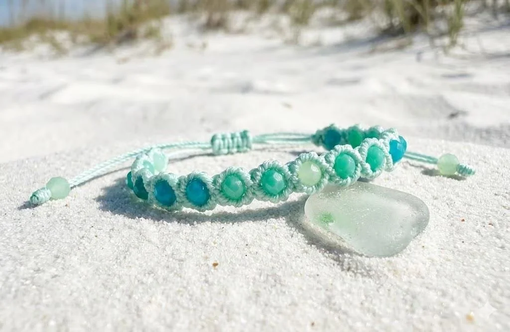 handcrafted "coastal luxury" jewelry featuring ultra-fine cord in a rhythmic sea glass gradient pattern for a minimalist look.