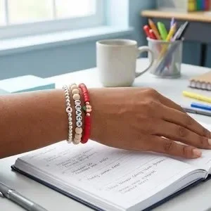 close up of a 3-piece teacher appreciation stack on a wrist featuring 5mm sterling silver beads, natural wood 'teach' beads, and a red apple charm.
