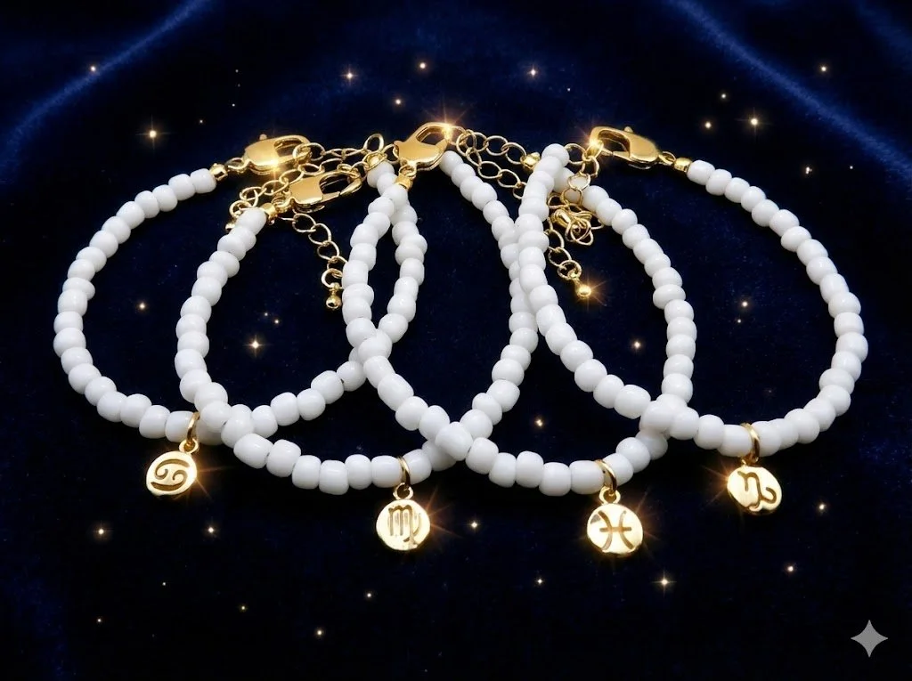 the celestial dreamer bracelet | 18k gold plated zodiac charm | white seed beads + adjustable
