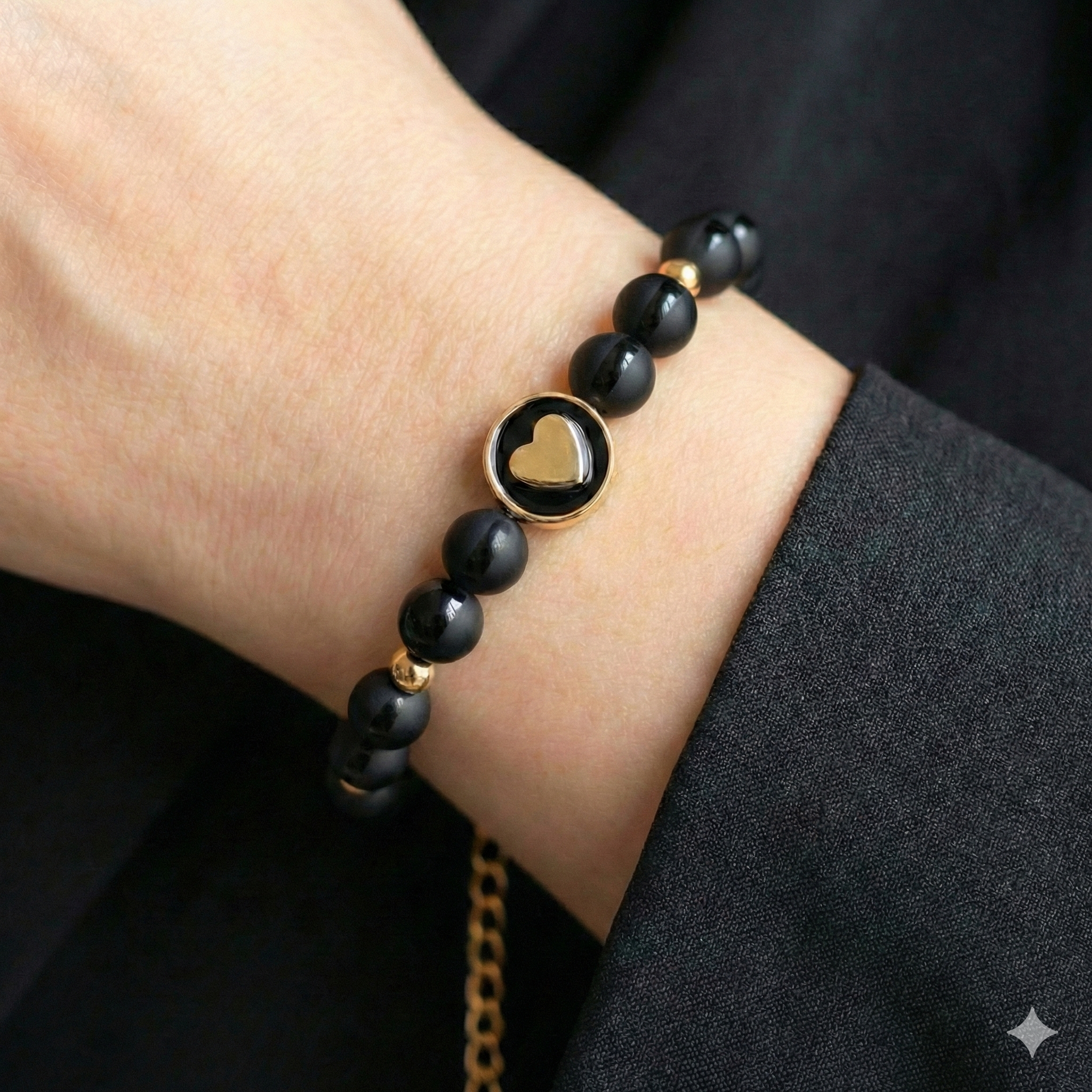 the classic minimalist bracelet | 18k gold plated heart + tuxedo onyx | matte/polished beaded jewelry | adjustable