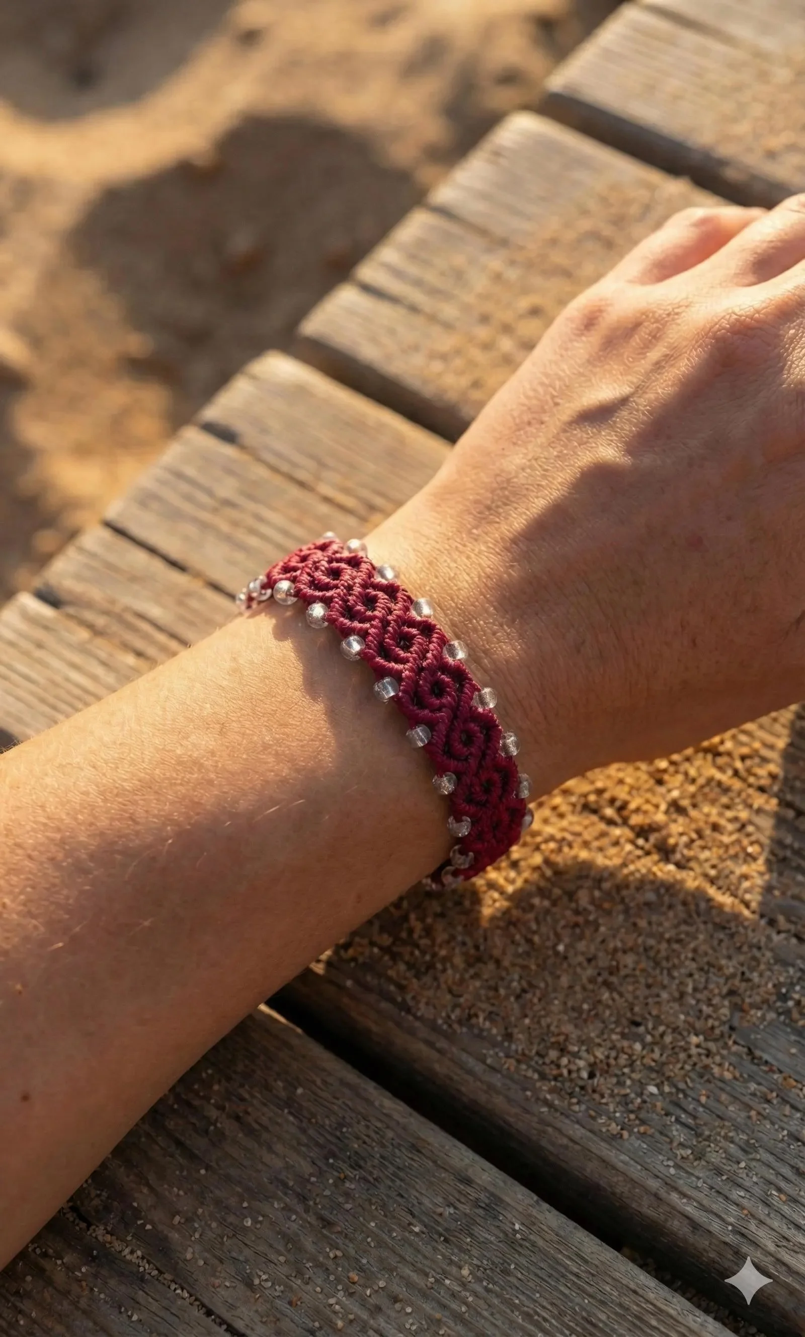 the bohemian artisan bracelet featuring intricate hand-woven micro-macramé and shimmering, light-catching silver-lined glass beads.