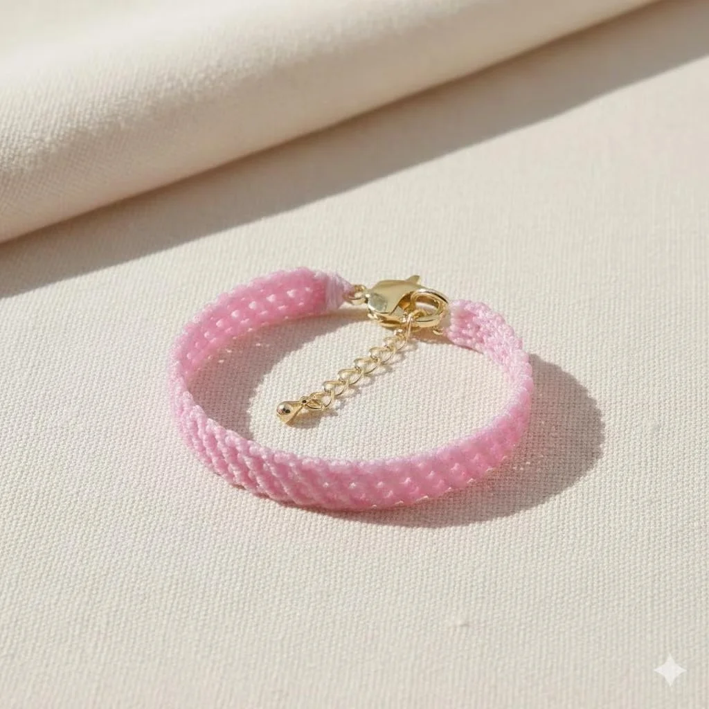 close-up of the pink lace bracelet highlighting the precise knots and the premium quality of the gold-filled hardware.
