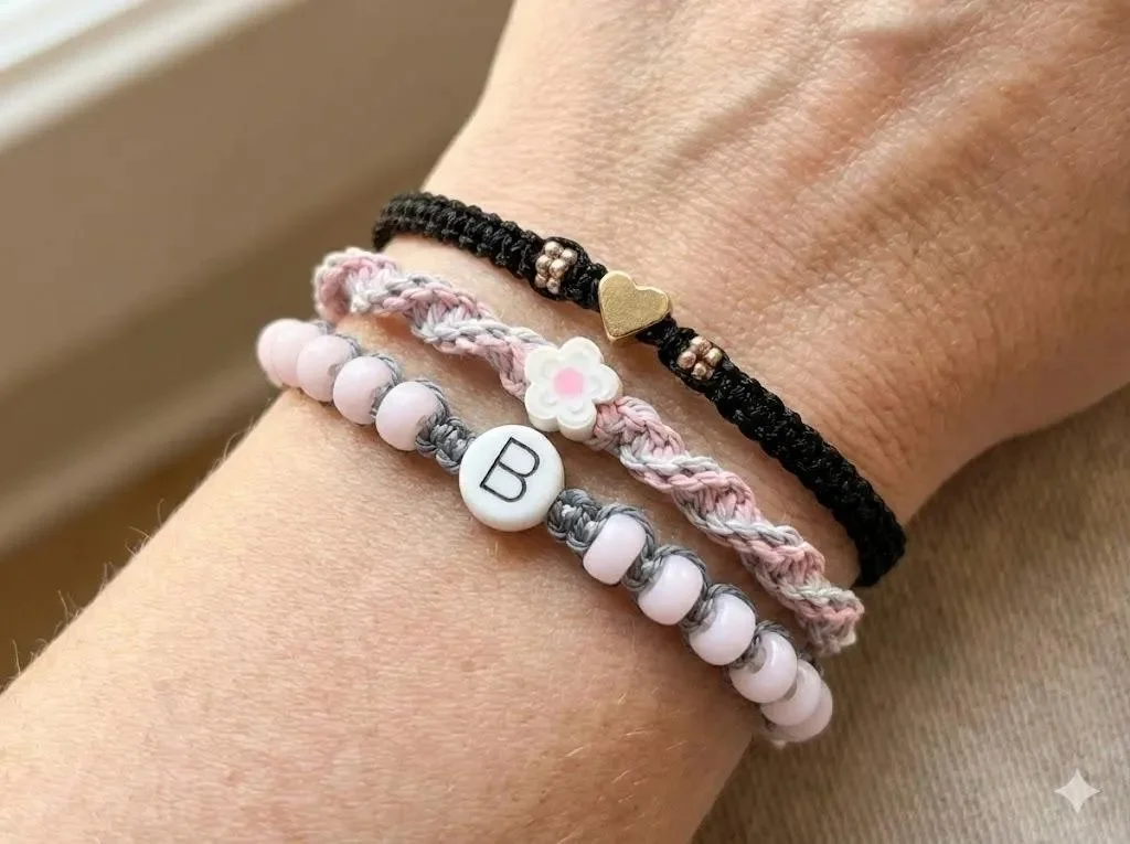 handcrafted personalized bracelet set featuring adjustable macramé weaves and premium rose gold plated accents.