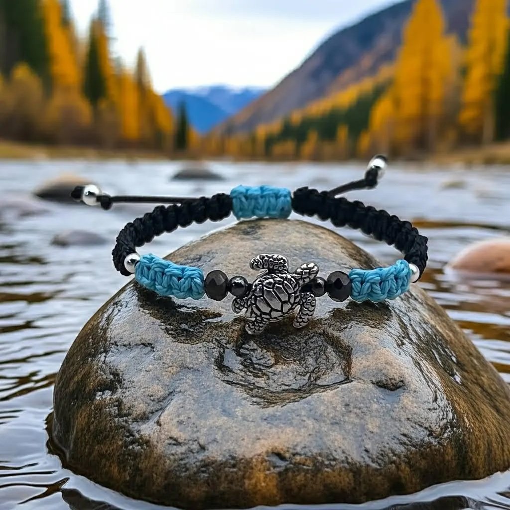 close-up of the ocean soul bracelet highlighting the polished silver turtle and the durable blue and black sliding knot.