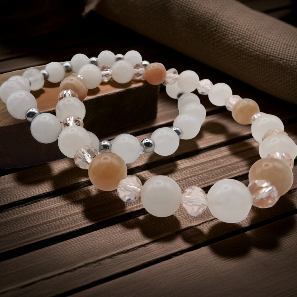 the balanced duo set | white jade + rose quartz + peach moonstone | stacking gemstone stretch