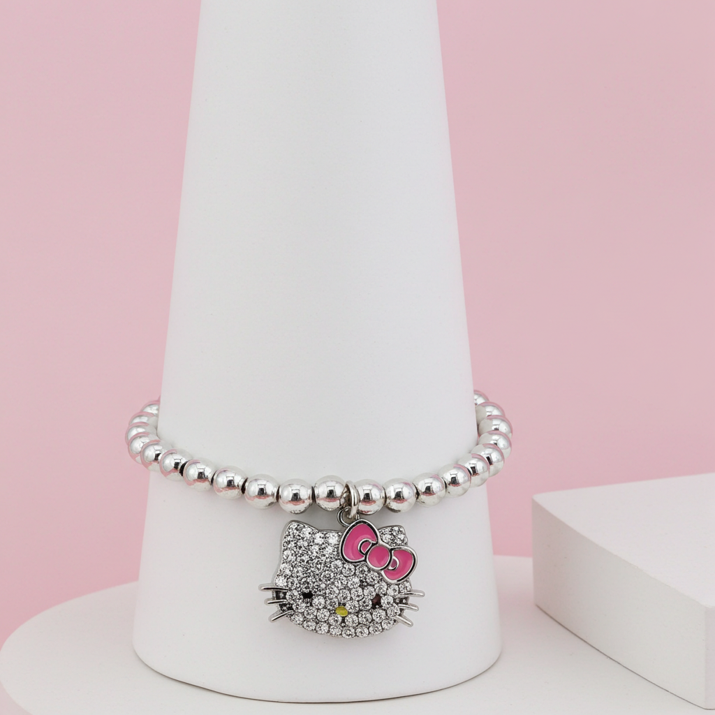 handmade 925 sterling silver beaded bracelet featuring a central hello kitty charm covered in a sparkling pink mosaic crystal design.