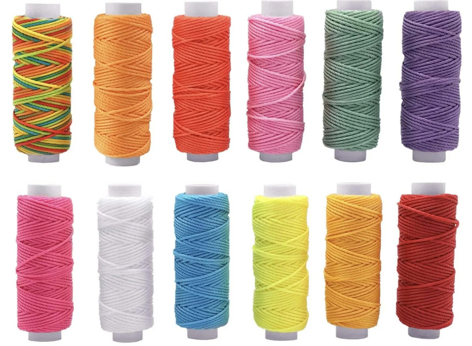 color chart showing all available waxed polyester cord colors for customizing handmade macrame bracelets, including shades of red, blue, green, and neutral tones.