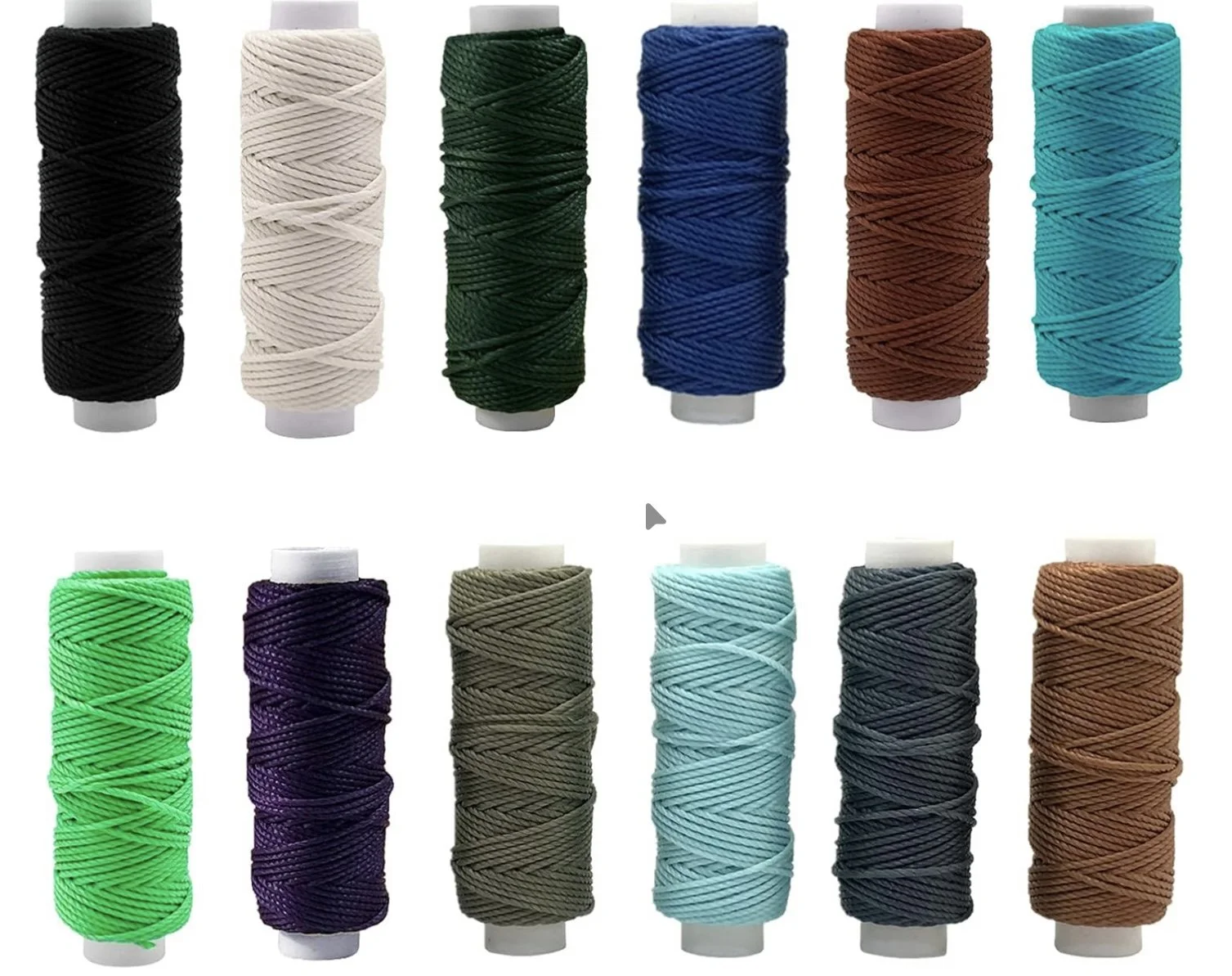 color chart showing all available waxed polyester cord colors for customizing handmade macrame bracelets, including shades of red, blue, green, and neutral tones.