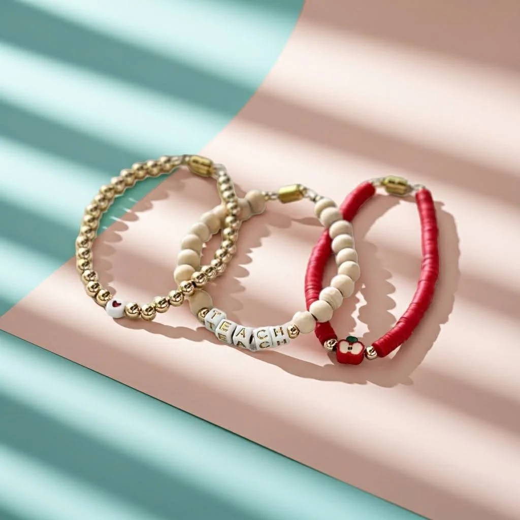 18k gold teach stacked gift set on a 2-tone pastel background.