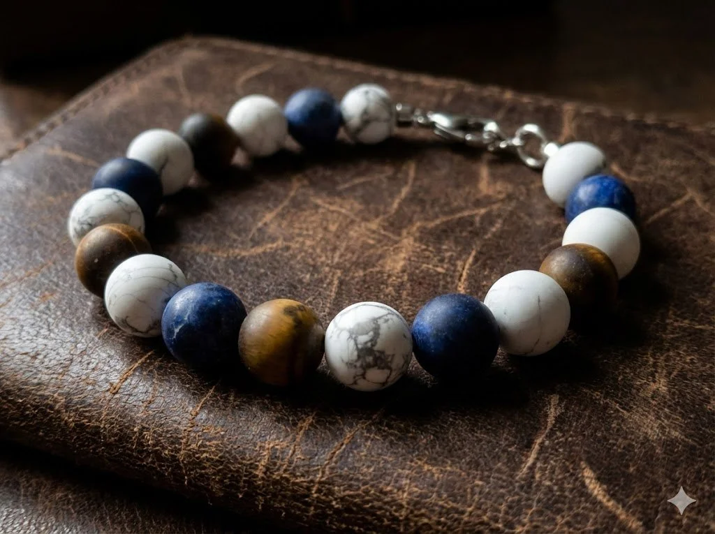 Handmade men's matte gemstone bracelet featuring 8mm howlite, tiger's eye, and sodalite beads with durable stainless steel accents.