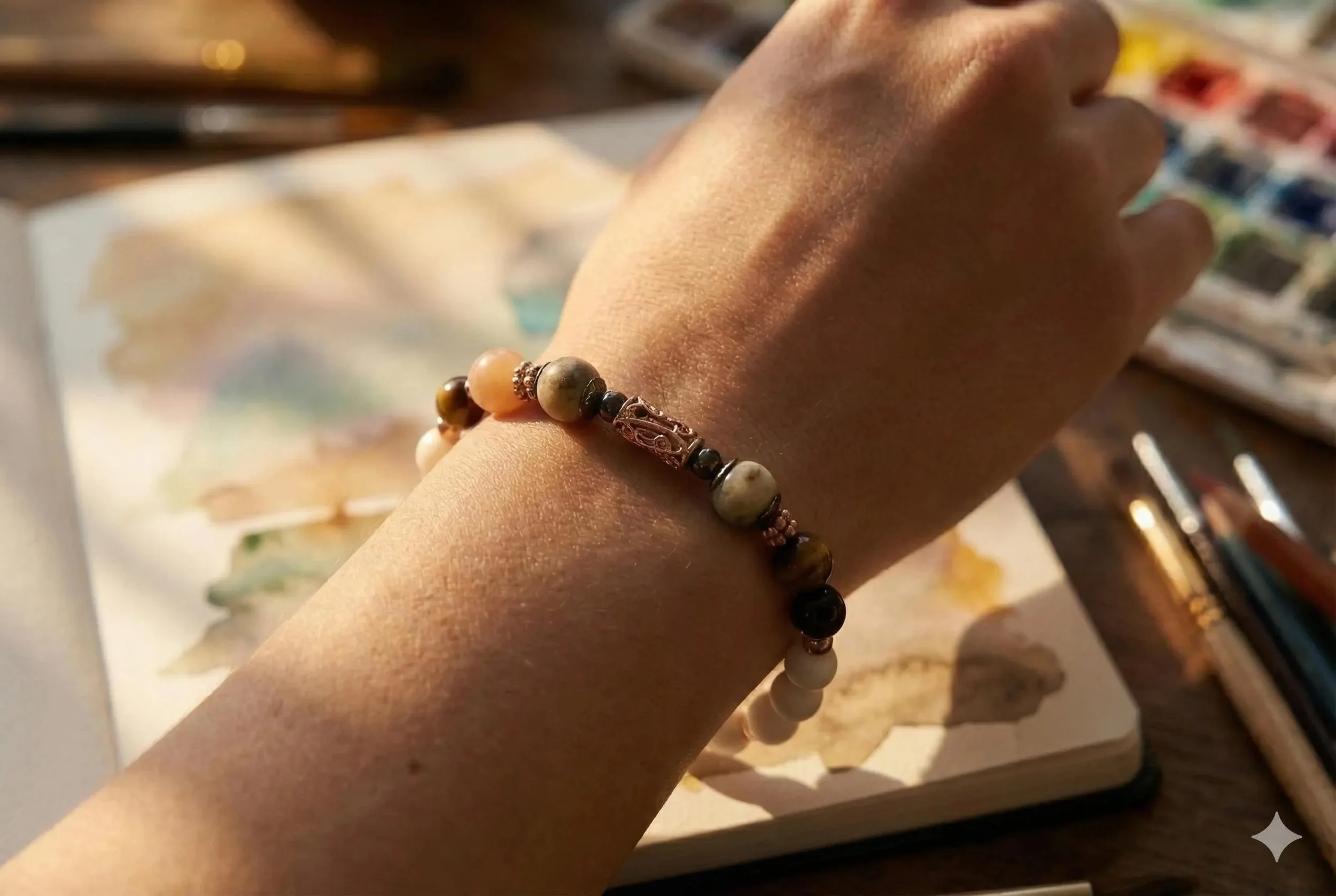 the free spirit bracelet featuring an asymmetrical mix of natural tiger’s eye, green jade, shimmering sunstone, and soft blue amazonite.