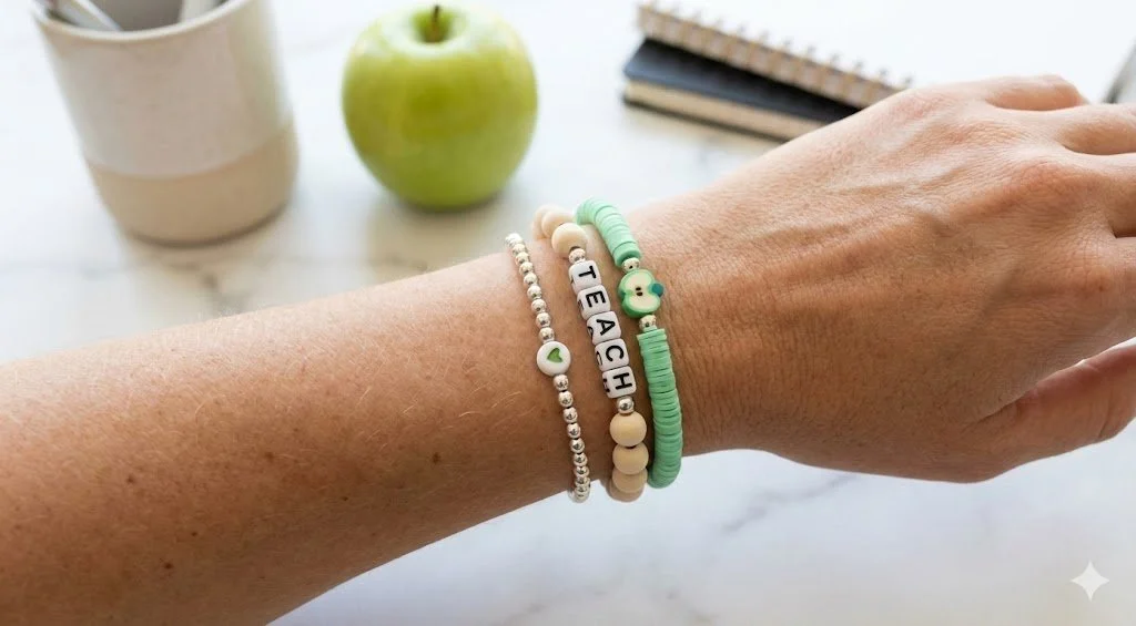 the minimalist mentor bracelet set | 3mm sterling silver dainty stack | teach + green apple charm