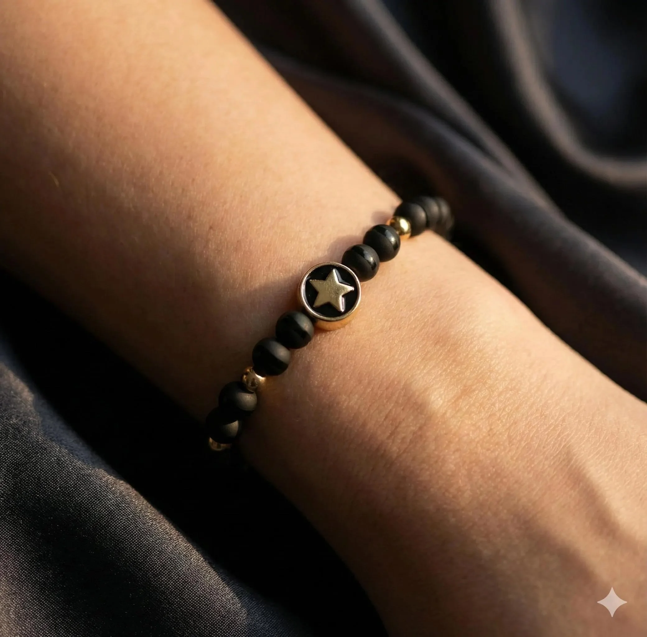 the urban dreamer bracelet | tuxedo onyx + 18k gold plated star | matte/polished beaded jewelry | adjustable