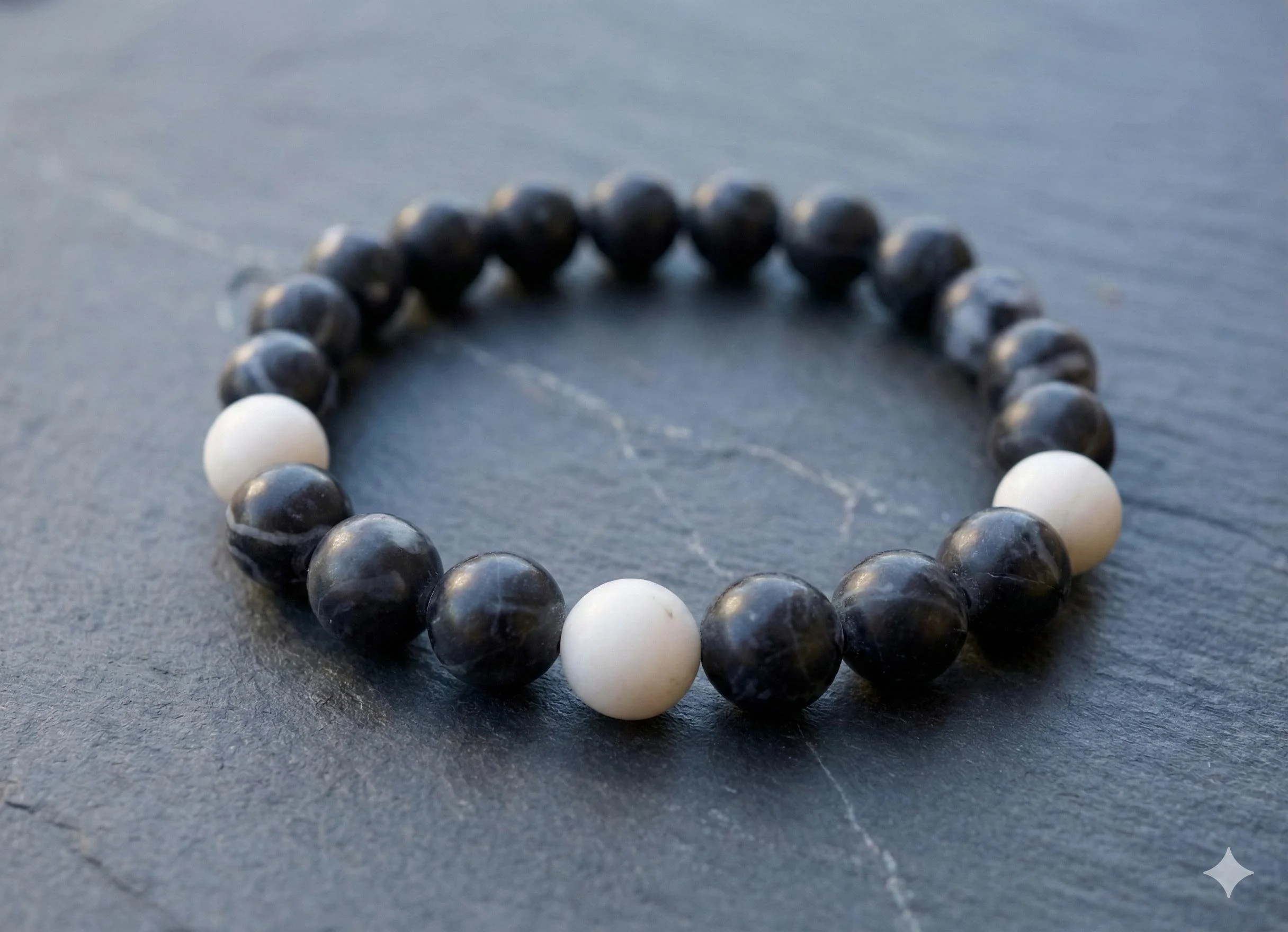 natural zebra jasper gemstone stretch bracelet showing the high-contrast monochrome patterns of the 8mm round beads.