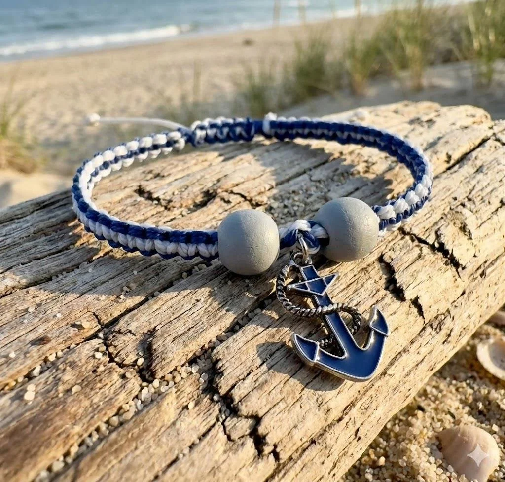 adjustable gray and blue woven bracelet with a blue metal anchor focal and natural wood beads on the ties.