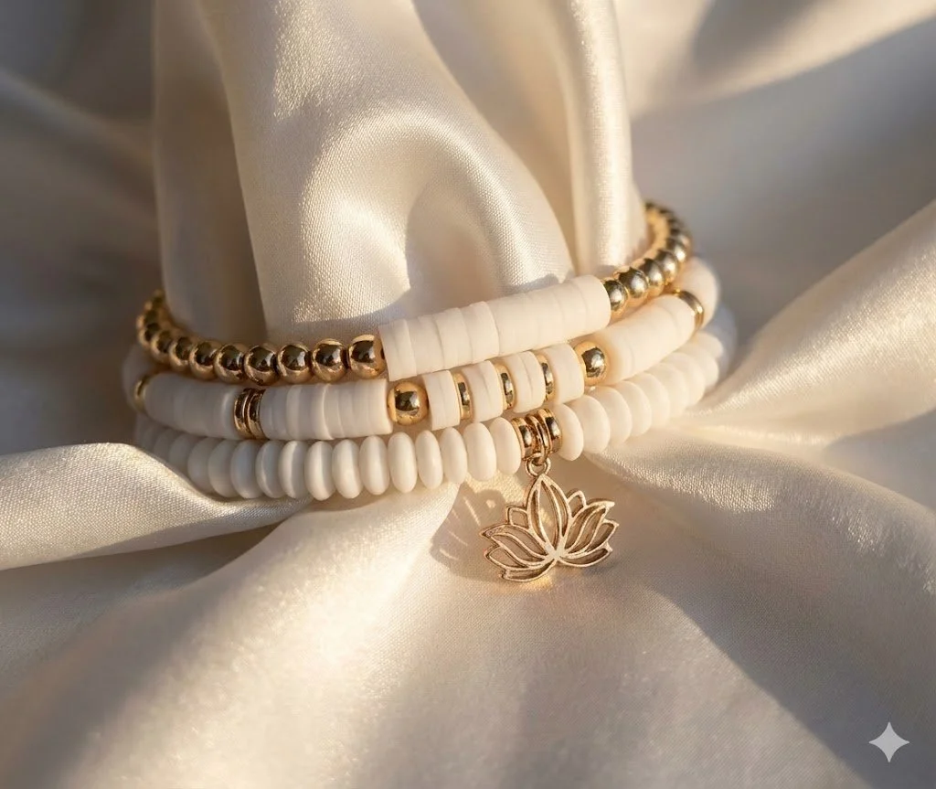 the modern yogi bracelet set | gold plated lotus charm | white heishi + matte glass 3‑piece stack