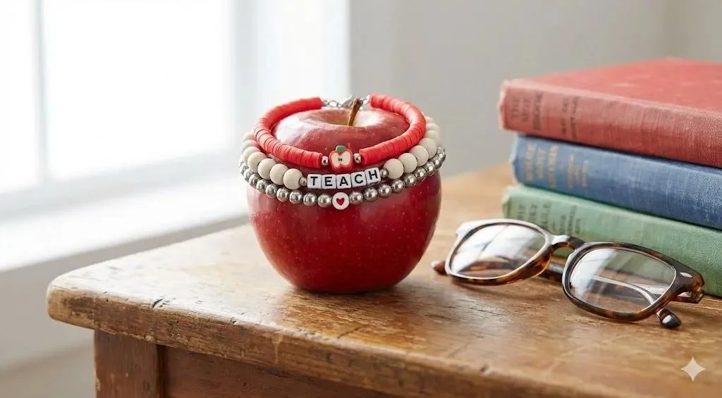 The "fun-loving teacher" bracelet stack with a red apple charm and "teach" word beads draped over a real red apple as a playful gift prop.