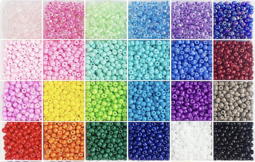 color chart showing all available glass seed bead colors for the custom 18k gold charm bracelet.