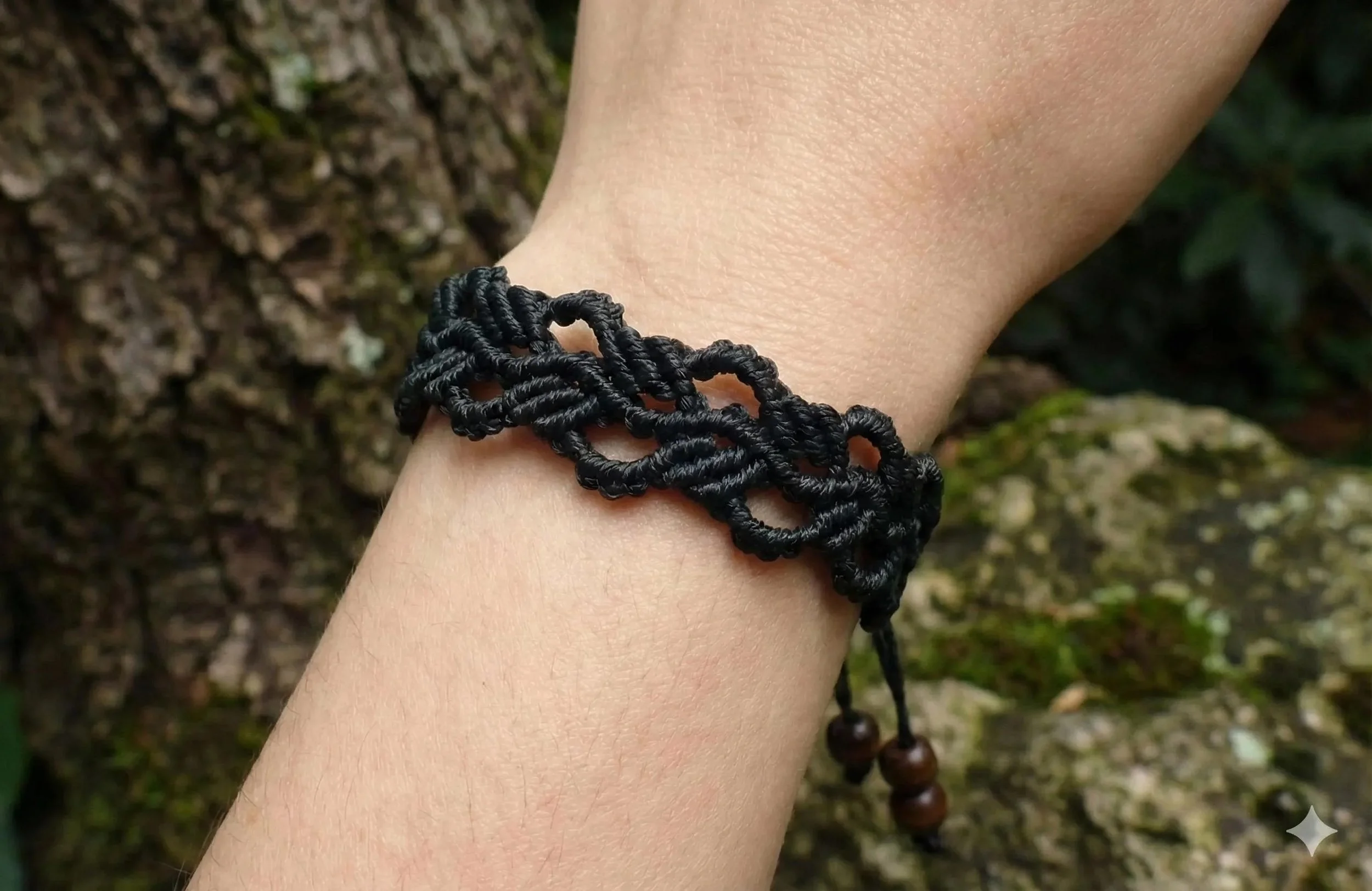 close-up of the botanical weave bracelet highlighting the rhythmic, organic texture of the hand-knotted fiber art.