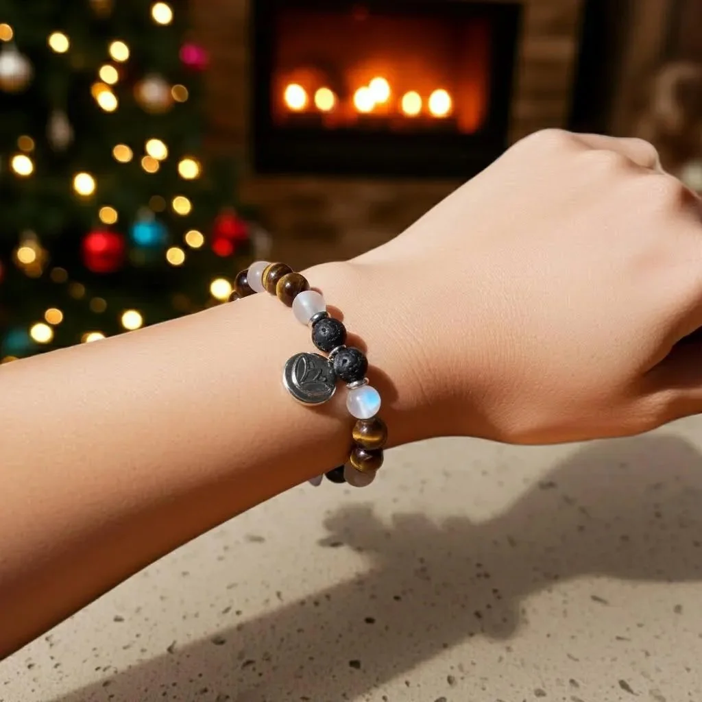 a wellness-focused stretch bracelet featuring a sculptural stainless steel lotus and a mix of high-flash gemstones.