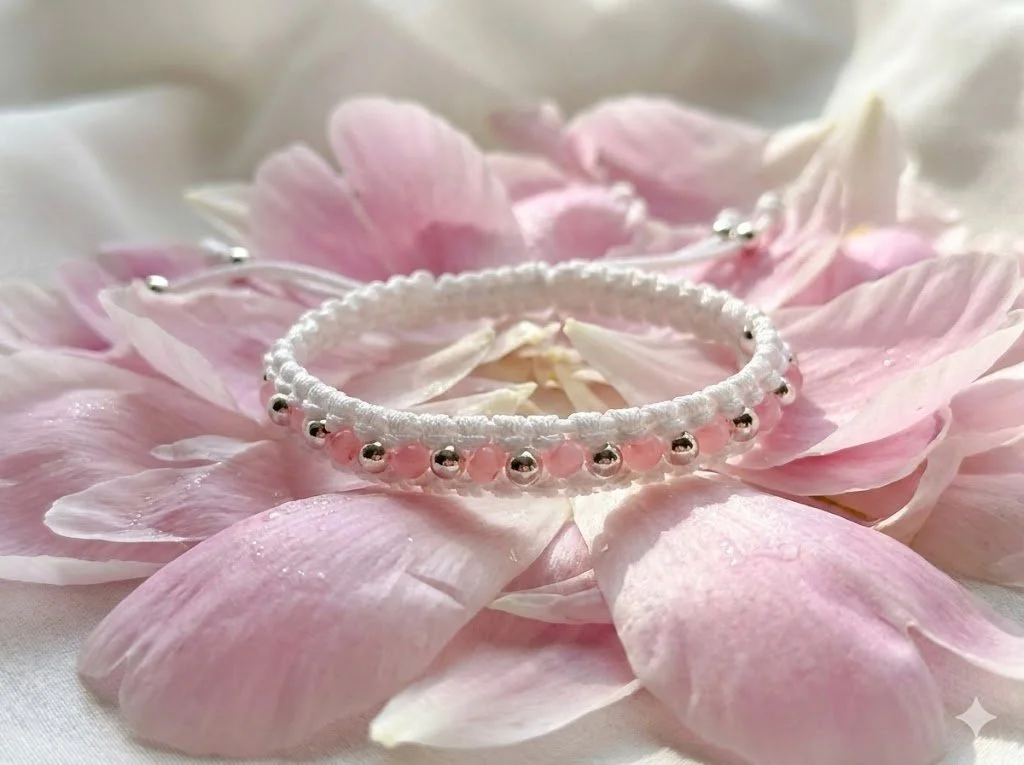 the detailed dreamer bracelet | white woven macramé | sterling silver + pink seed beads | adjustable