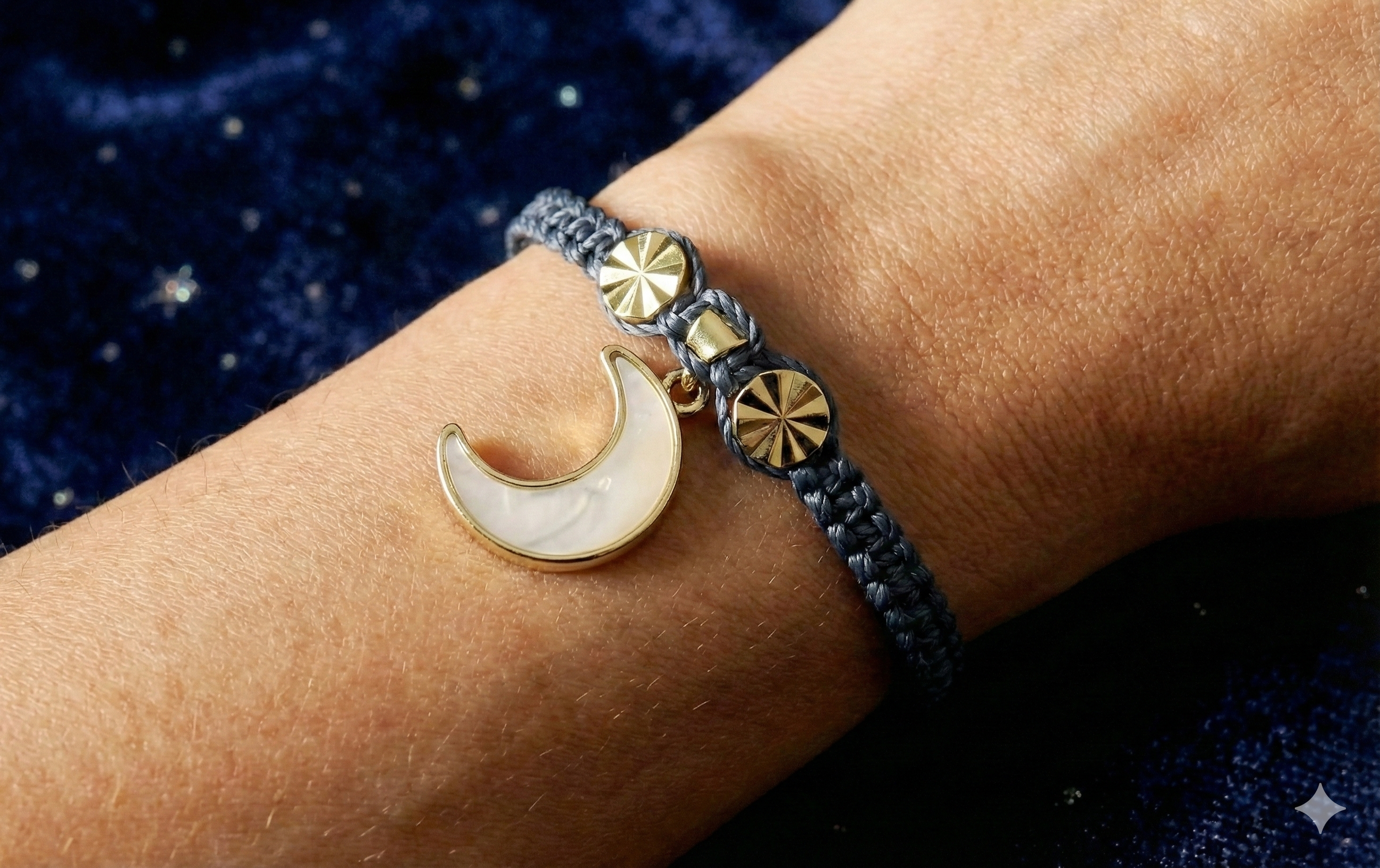the celestial trendsetter bracelet | 18k gold plated moon + starburst accents | charcoal macramé