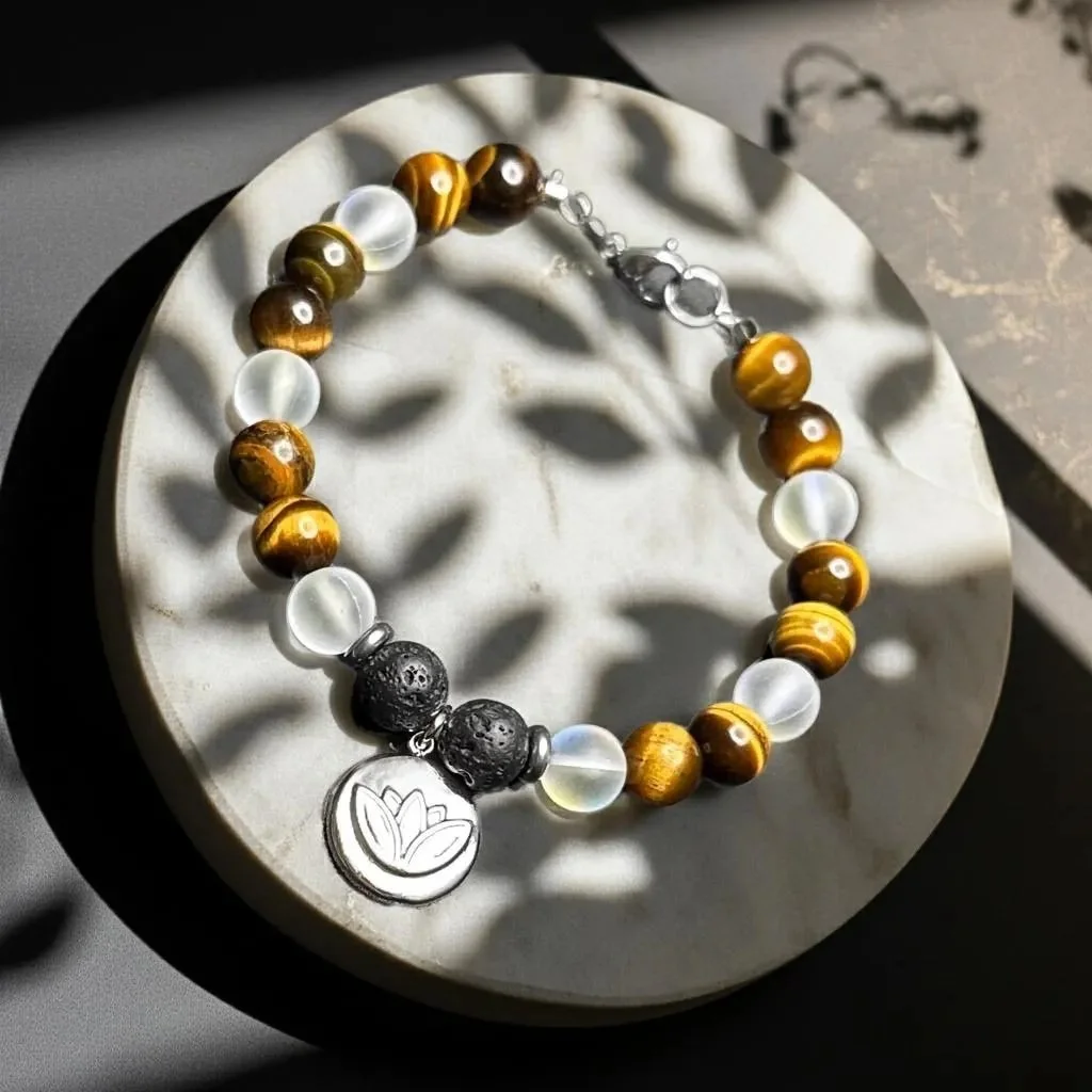 handcrafted lotus charm jewelry made with 304 stainless steel and natural grounding stones for essential oil diffusion.