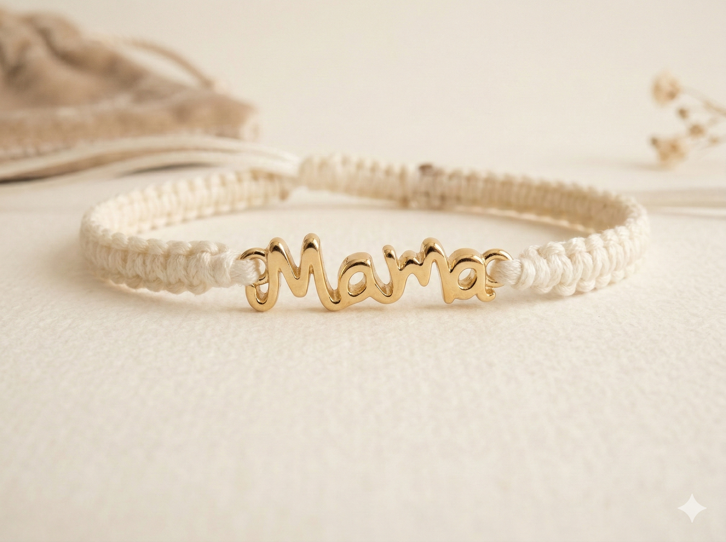 the mama script bracelet | cream macramé with 18k gold filled cursive connector
