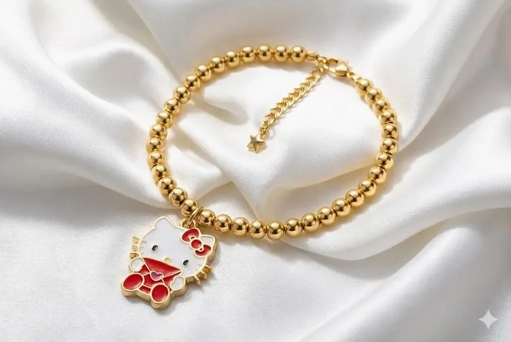 a high-end friendship bracelet set showing the polished 18k gold filled hello kitty charms in a minimalist design.